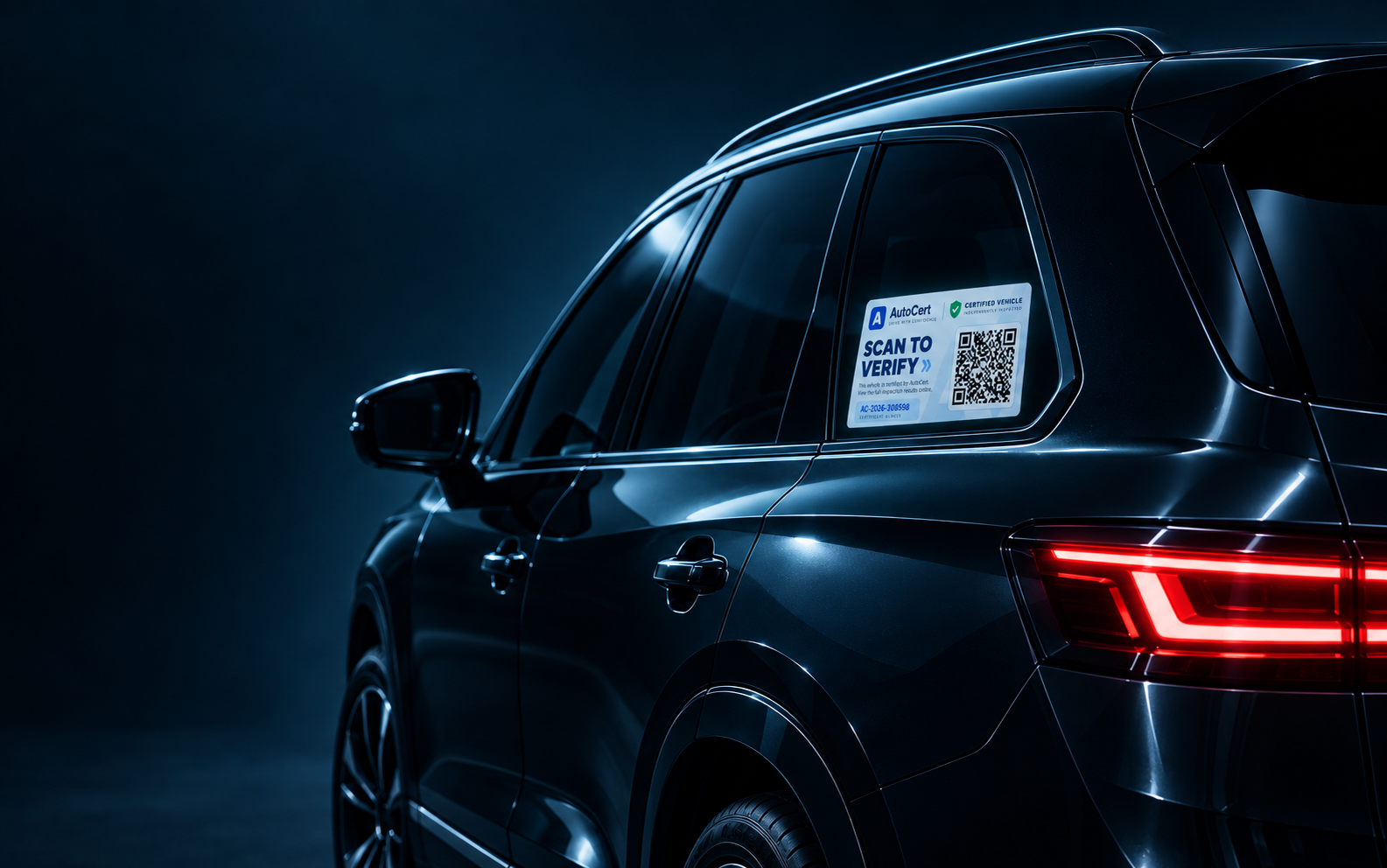 AutoCert QR sticker mounted on the rear side window of a vehicle